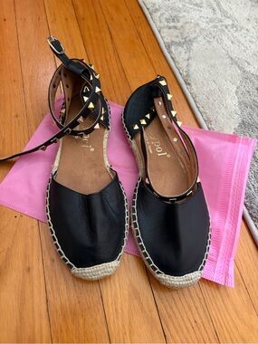 Maypol Spanish leather Black Studded double Ankle-Strap Espadrille Flats